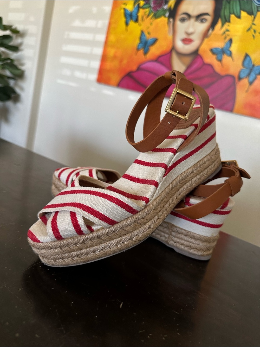 Tory Burch Red and White Striped “Karissa”Espadrille Wedges with Tan Ankle Strap